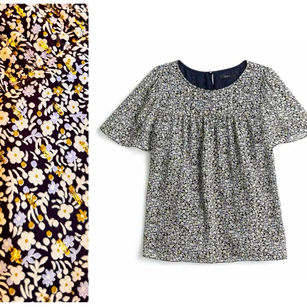 J. CREW Chiffon Silk Gold Metallic Black & White Blouse Floral Top